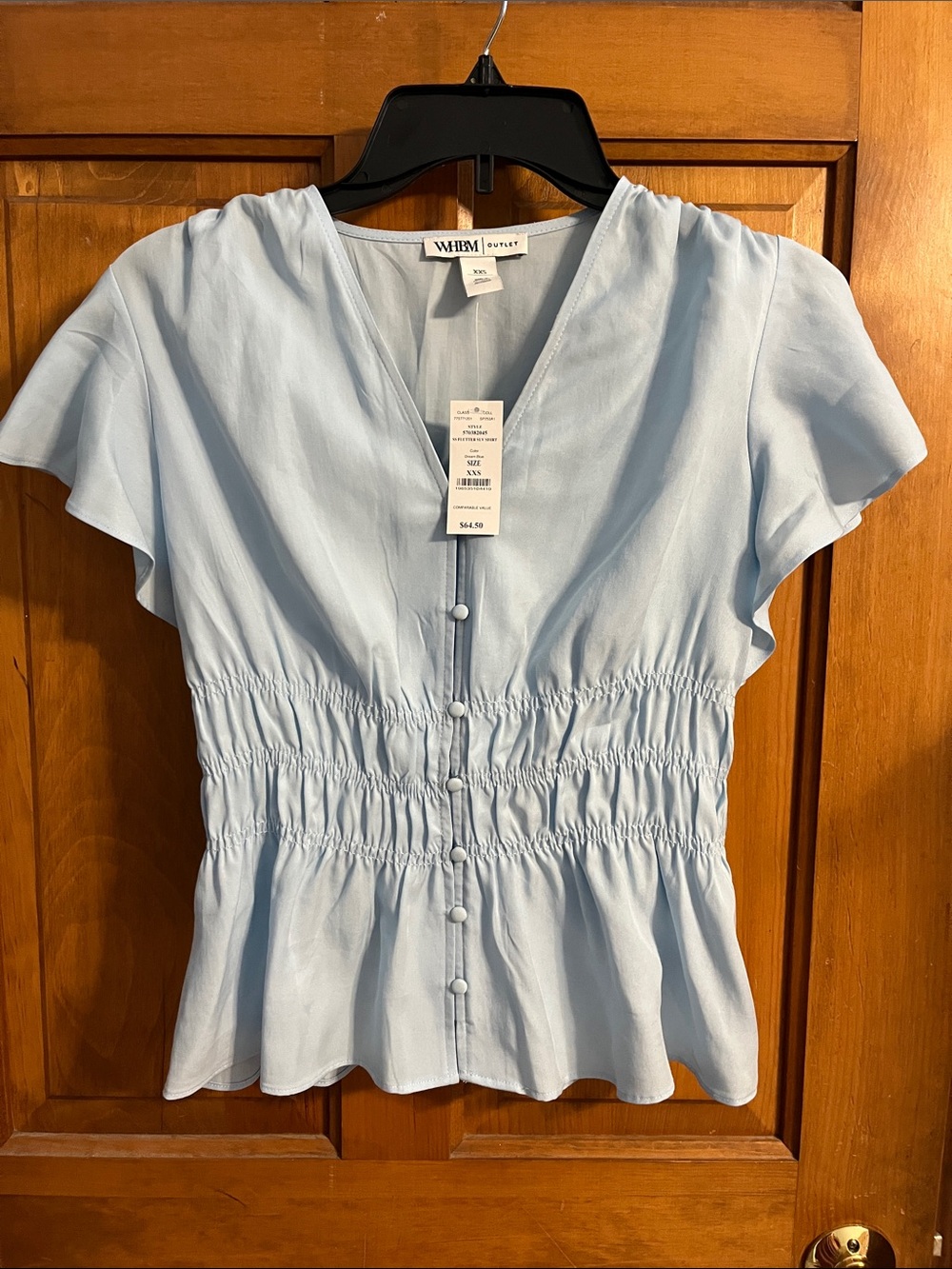 White House Black Market Pale Blue Smocked Waist V-Neck Blouse